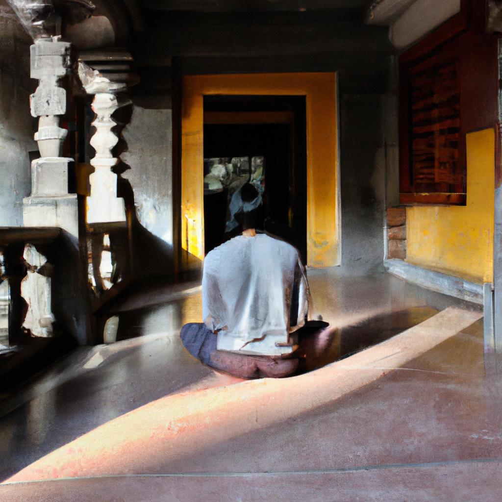 Person meditating in a temple