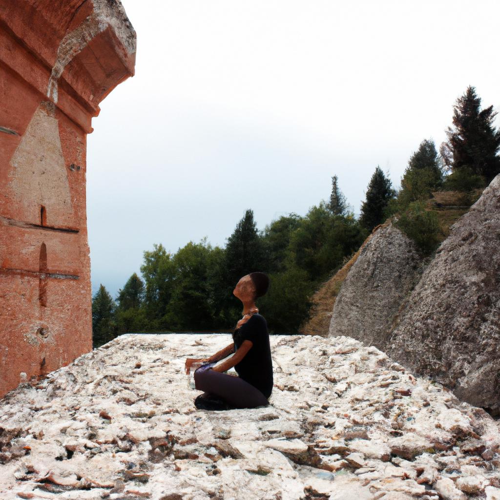 Person meditating in religious setting